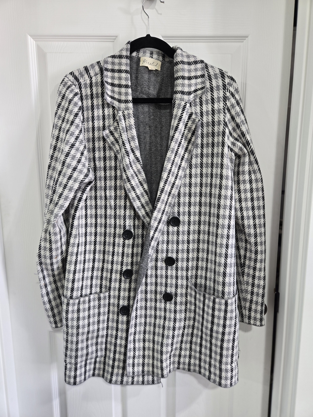 Marled Black & White Checked Double-Breasted Blazer